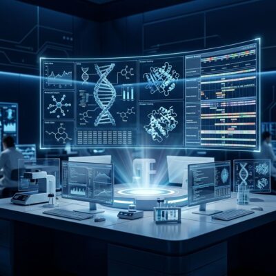 Claude Science AI workbench interface showing scientific data visualization with DNA strands, protein structures and genomic data in a blue digital environment