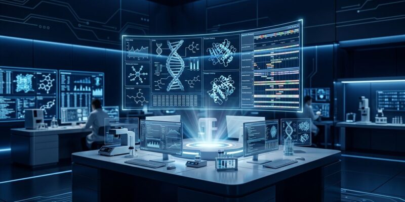 Claude Science AI workbench interface showing scientific data visualization with DNA strands, protein structures and genomic data in a blue digital environment