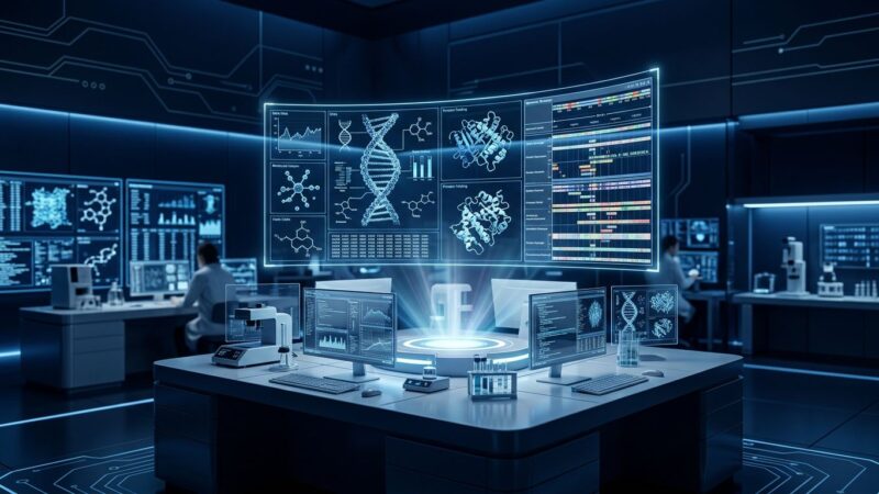 Claude Science AI workbench interface showing scientific data visualization with DNA strands, protein structures and genomic data in a blue digital environment
