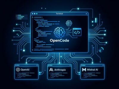 OpenCode terminal interface showing model-agnostic AI coding agent with multiple LLM provider connections
