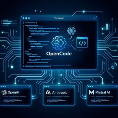 OpenCode terminal interface showing model-agnostic AI coding agent with multiple LLM provider connections