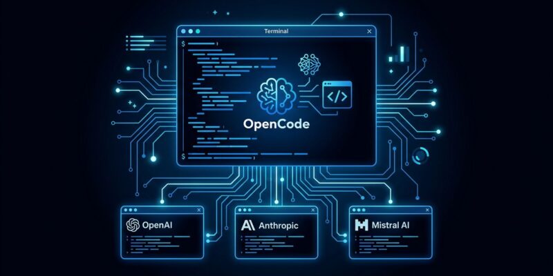 OpenCode terminal interface showing model-agnostic AI coding agent with multiple LLM provider connections