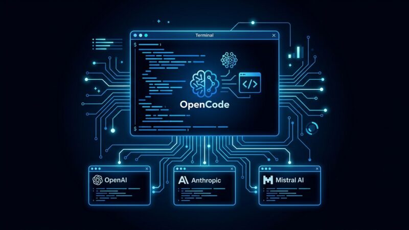 OpenCode terminal interface showing model-agnostic AI coding agent with multiple LLM provider connections