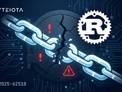 Abstract visualization of a broken chain and fractured shield representing CVE-2025-62518 TARmageddon vulnerability in tokio-tar Rust library