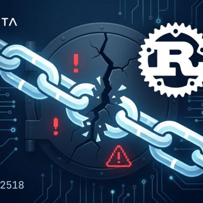 Abstract visualization of a broken chain and fractured shield representing CVE-2025-62518 TARmageddon vulnerability in tokio-tar Rust library
