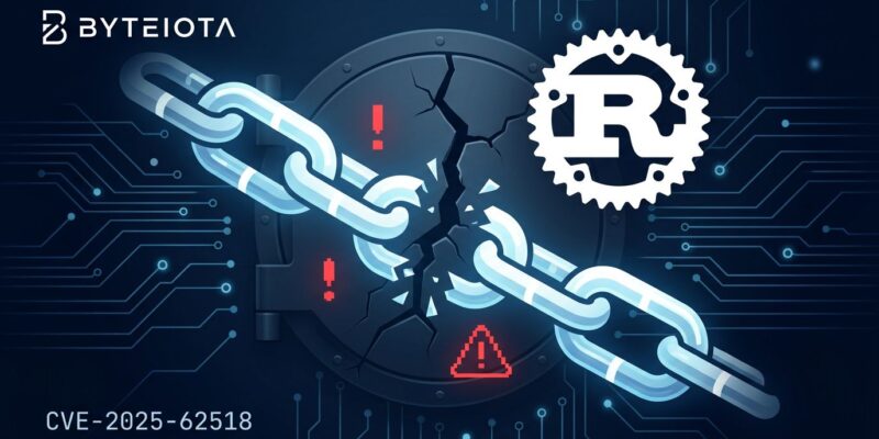 Abstract visualization of a broken chain and fractured shield representing CVE-2025-62518 TARmageddon vulnerability in tokio-tar Rust library