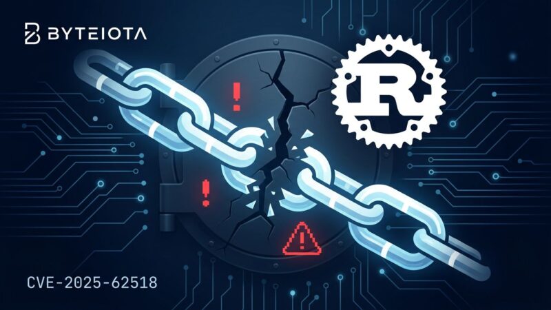 Abstract visualization of a broken chain and fractured shield representing CVE-2025-62518 TARmageddon vulnerability in tokio-tar Rust library