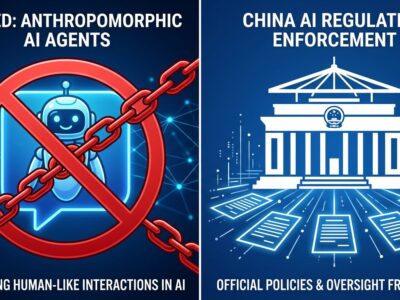 Split-screen illustration showing China AI agent ban with regulation symbols and AI persona being shut down