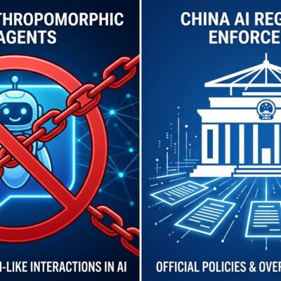 Split-screen illustration showing China AI agent ban with regulation symbols and AI persona being shut down