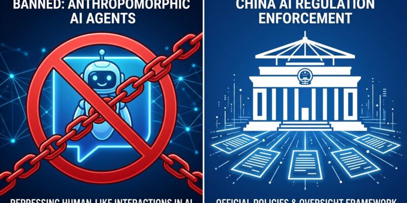 Split-screen illustration showing China AI agent ban with regulation symbols and AI persona being shut down