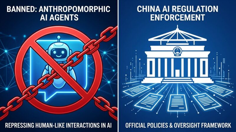 Split-screen illustration showing China AI agent ban with regulation symbols and AI persona being shut down