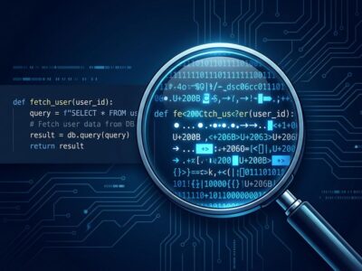 Magnifying glass revealing hidden Unicode tracking markers inside Claude Code system prompts