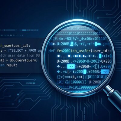 Magnifying glass revealing hidden Unicode tracking markers inside Claude Code system prompts