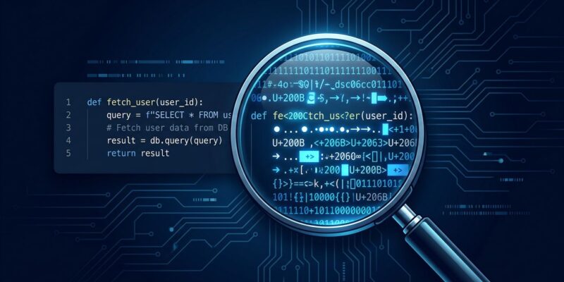 Magnifying glass revealing hidden Unicode tracking markers inside Claude Code system prompts