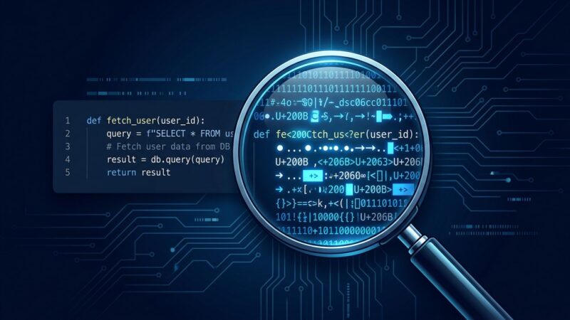 Magnifying glass revealing hidden Unicode tracking markers inside Claude Code system prompts