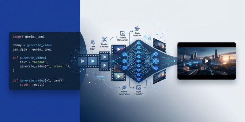 Gemini Omni Flash API video generation workflow diagram showing Python code and AI processing pipeline