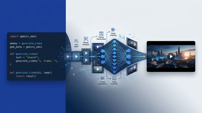 Gemini Omni Flash API video generation workflow diagram showing Python code and AI processing pipeline