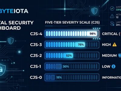 Digital security dashboard showing the five-tier CJS jailbreak severity scale (CJS-0 to CJS-4) with blue gauge bars on dark background