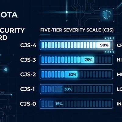 Digital security dashboard showing the five-tier CJS jailbreak severity scale (CJS-0 to CJS-4) with blue gauge bars on dark background