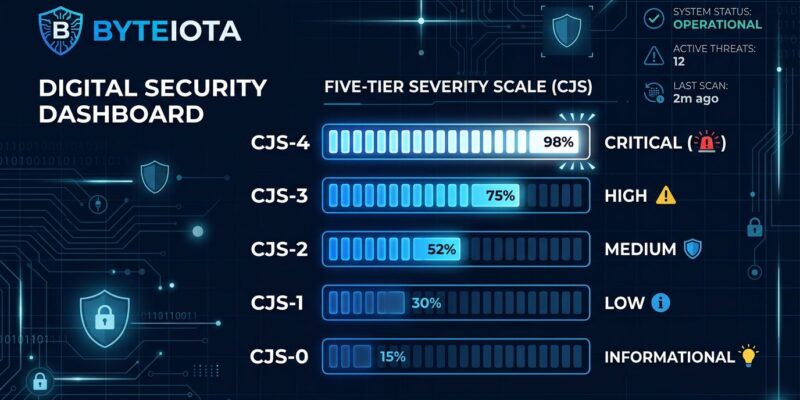 Digital security dashboard showing the five-tier CJS jailbreak severity scale (CJS-0 to CJS-4) with blue gauge bars on dark background