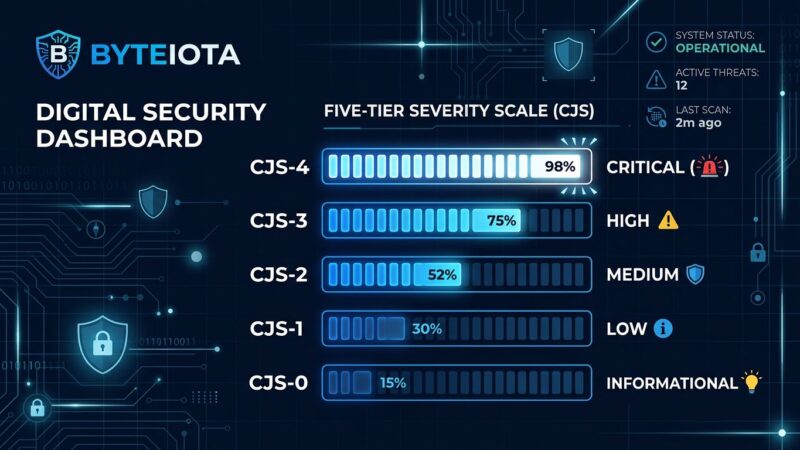 Digital security dashboard showing the five-tier CJS jailbreak severity scale (CJS-0 to CJS-4) with blue gauge bars on dark background