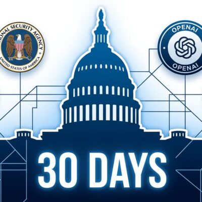 Government building silhouette with 30-day countdown clock connecting to AI model API endpoints, representing frontier AI model review framework
