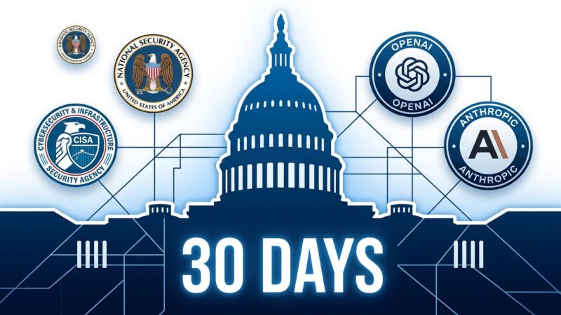 Government building silhouette with 30-day countdown clock connecting to AI model API endpoints, representing frontier AI model review framework