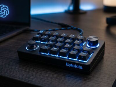 OpenAI Codex Micro programmable macro pad with blue LED mechanical keys and rotary encoder on dark desk