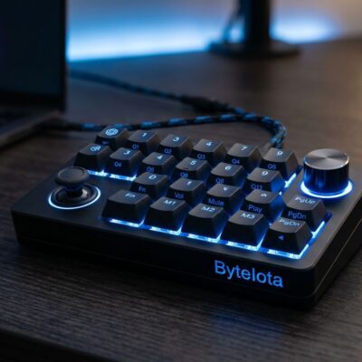 OpenAI Codex Micro programmable macro pad with blue LED mechanical keys and rotary encoder on dark desk