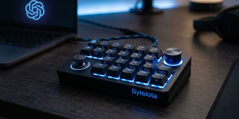 OpenAI Codex Micro programmable macro pad with blue LED mechanical keys and rotary encoder on dark desk
