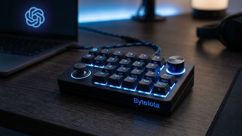 OpenAI Codex Micro programmable macro pad with blue LED mechanical keys and rotary encoder on dark desk