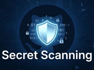GitHub Secret Scanning Public Monitoring — shield icon with binary code and GitHub logo on dark blue background