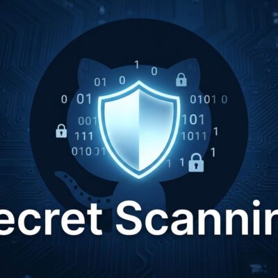 GitHub Secret Scanning Public Monitoring — shield icon with binary code and GitHub logo on dark blue background