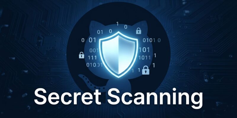GitHub Secret Scanning Public Monitoring — shield icon with binary code and GitHub logo on dark blue background