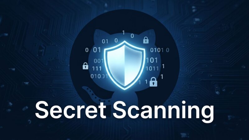GitHub Secret Scanning Public Monitoring — shield icon with binary code and GitHub logo on dark blue background