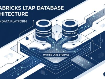 Abstract visualization of Databricks LTAP architecture showing two database systems merging into a unified lake storage layer with data streams
