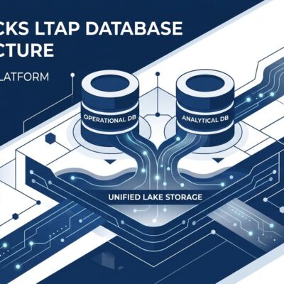 Abstract visualization of Databricks LTAP architecture showing two database systems merging into a unified lake storage layer with data streams
