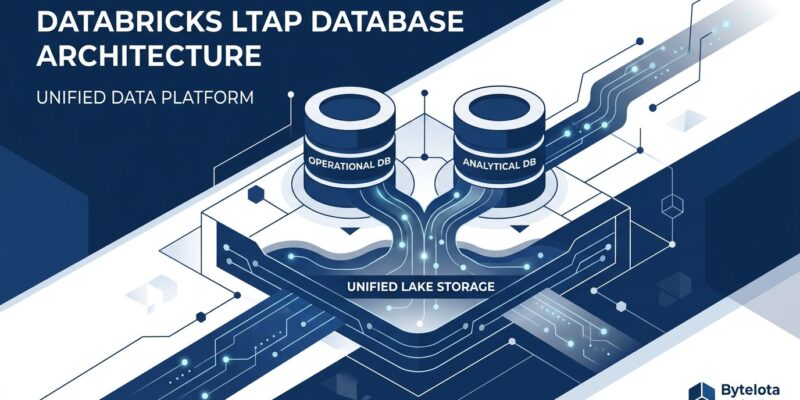 Abstract visualization of Databricks LTAP architecture showing two database systems merging into a unified lake storage layer with data streams