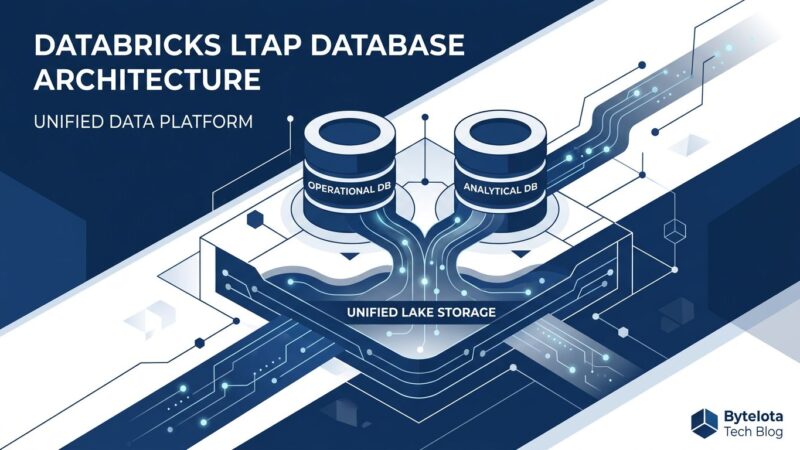 Abstract visualization of Databricks LTAP architecture showing two database systems merging into a unified lake storage layer with data streams