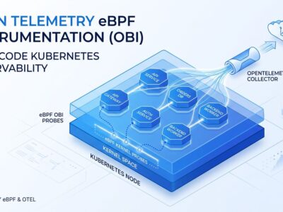 Kubernetes node with eBPF kernel probes collecting distributed traces from pods - OpenTelemetry OBI observability architecture