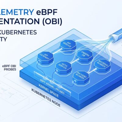 Kubernetes node with eBPF kernel probes collecting distributed traces from pods - OpenTelemetry OBI observability architecture