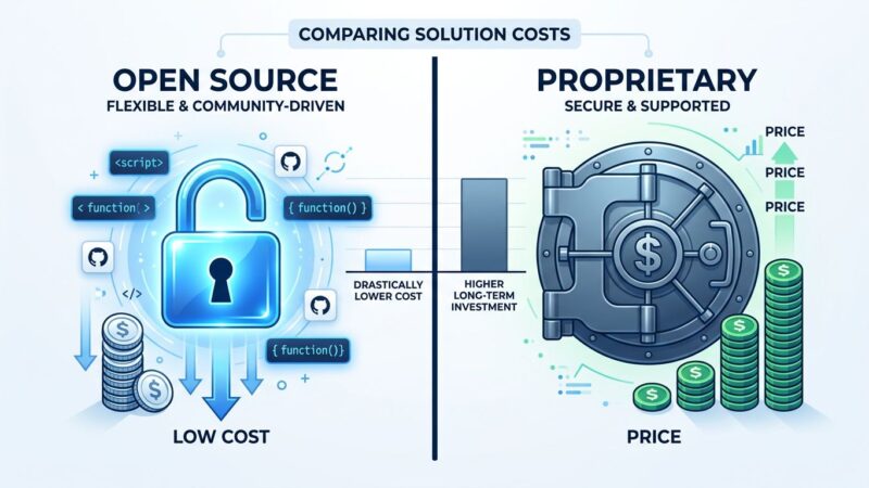 Split-screen comparison of open-source AI inference versus closed API costs, showing dramatic cost reduction with open-weight models
