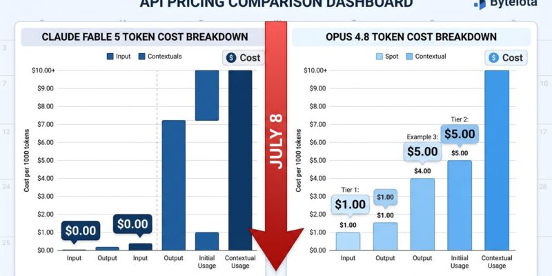 Claude Fable 5 pricing comparison chart showing the billing cliff on July 8, with token cost breakdown for Fable 5 vs Opus 4.8