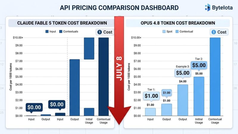 Claude Fable 5 pricing comparison chart showing the billing cliff on July 8, with token cost breakdown for Fable 5 vs Opus 4.8