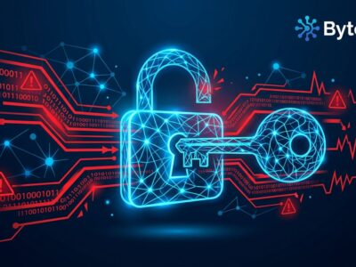 Glowing blue neural network forming a lock symbol with red warning indicators representing JADEPUFFER AI-powered ransomware attack on LangFlow servers