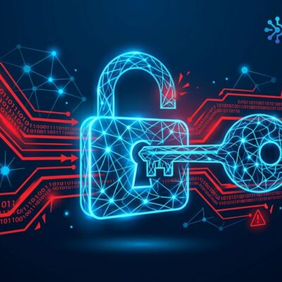 Glowing blue neural network forming a lock symbol with red warning indicators representing JADEPUFFER AI-powered ransomware attack on LangFlow servers