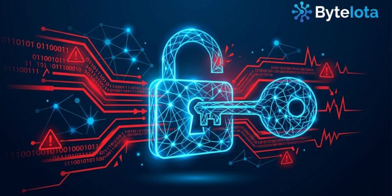 Glowing blue neural network forming a lock symbol with red warning indicators representing JADEPUFFER AI-powered ransomware attack on LangFlow servers