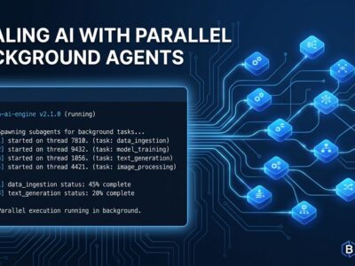 Claude Code background subagents running in parallel with glowing circuit nodes on dark blue background