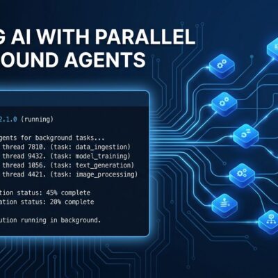 Claude Code background subagents running in parallel with glowing circuit nodes on dark blue background