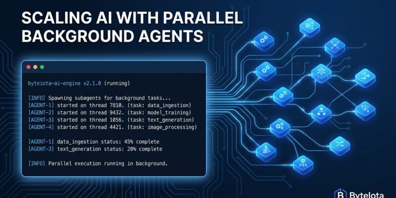 Claude Code background subagents running in parallel with glowing circuit nodes on dark blue background